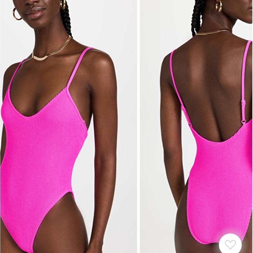Good American Always Fits hot pink one piece bathing suit